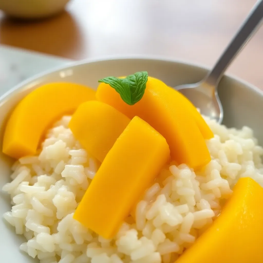 Sweet mango sticky rice dessert with ripe mango slices on top of coconut flavored sticky rice