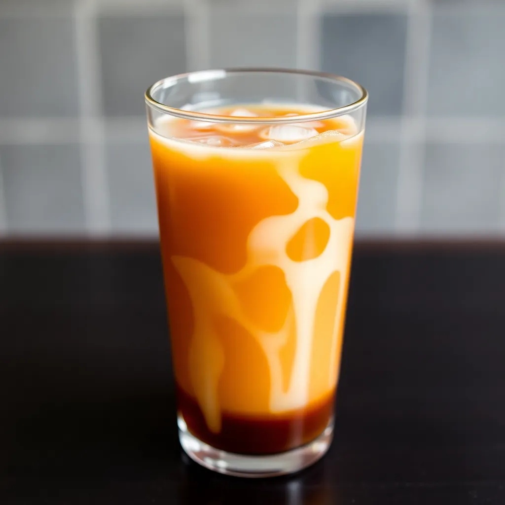 Authentic Thai iced tea in a glass with orange color and condensed milk swirl