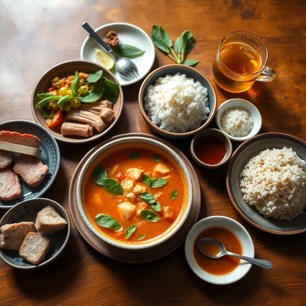Traditional Thai food spread including tom yum soup, sticky rice, and thai tea on a wooden table