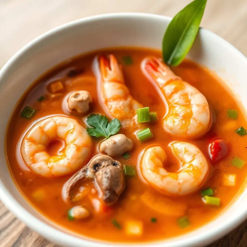Spicy and sour Tom Yam soup with shrimp, mushrooms, lemongrass and chili in a white bowl
